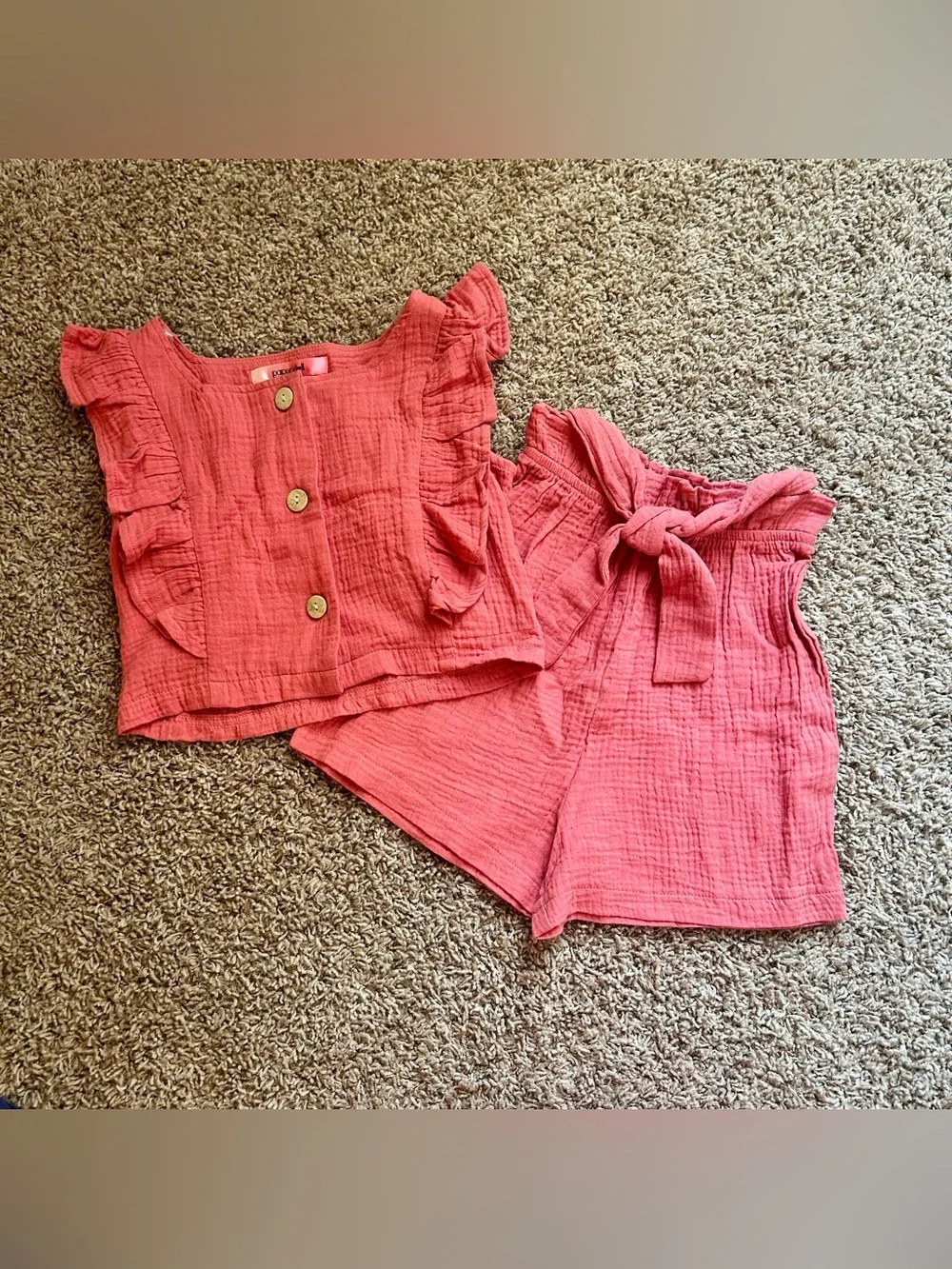 NWOT Paper Doll Coral Pink Ruffled Button Top & Tie Waist Shorts